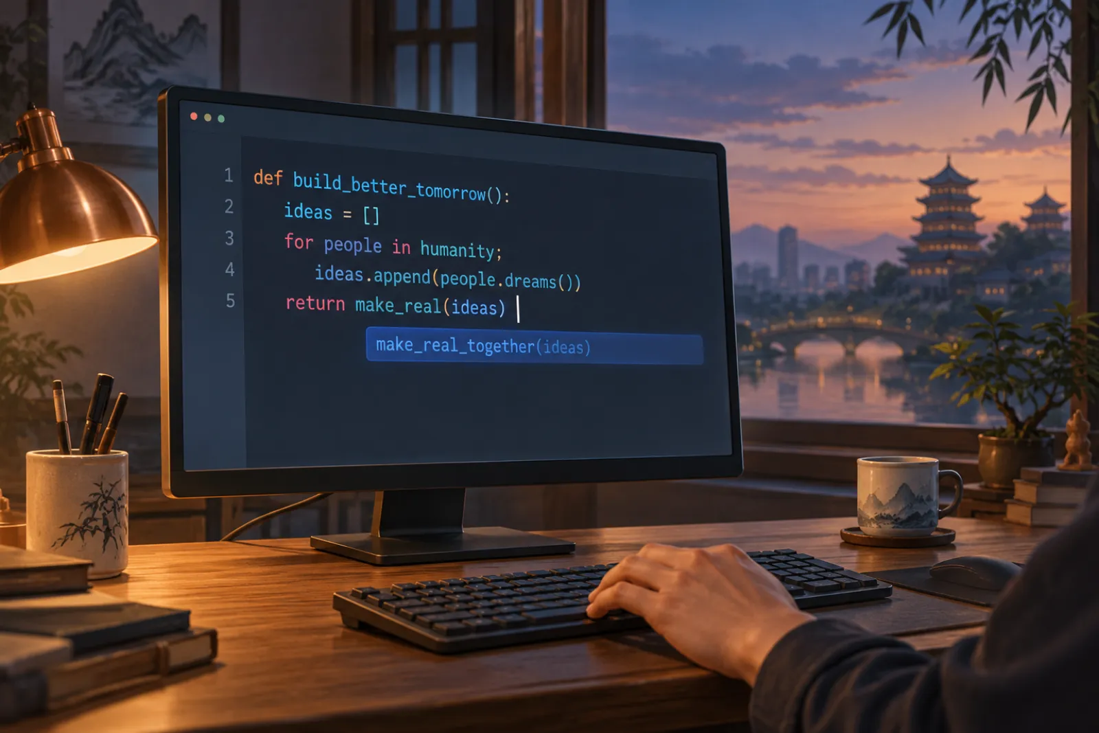 AI Coding Assistants（Contemporary realistic technology illustration）