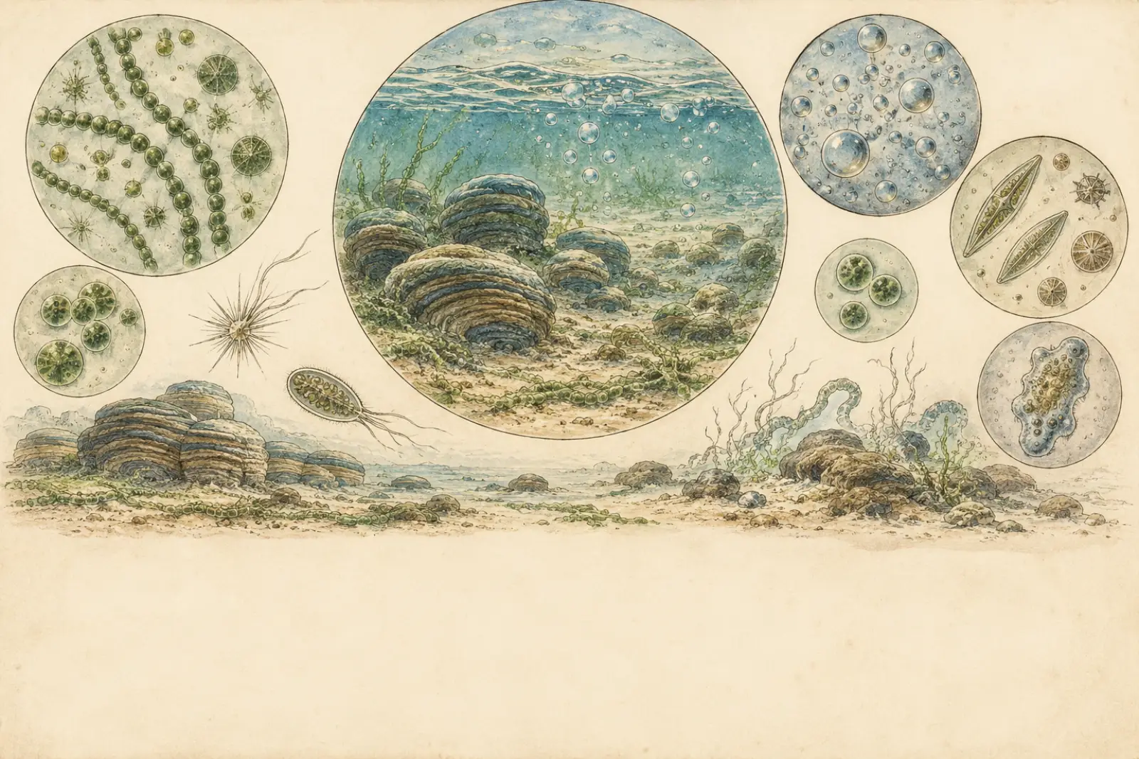 Origin of Life on Earth(Hand-drawn microscope scientific illustration)