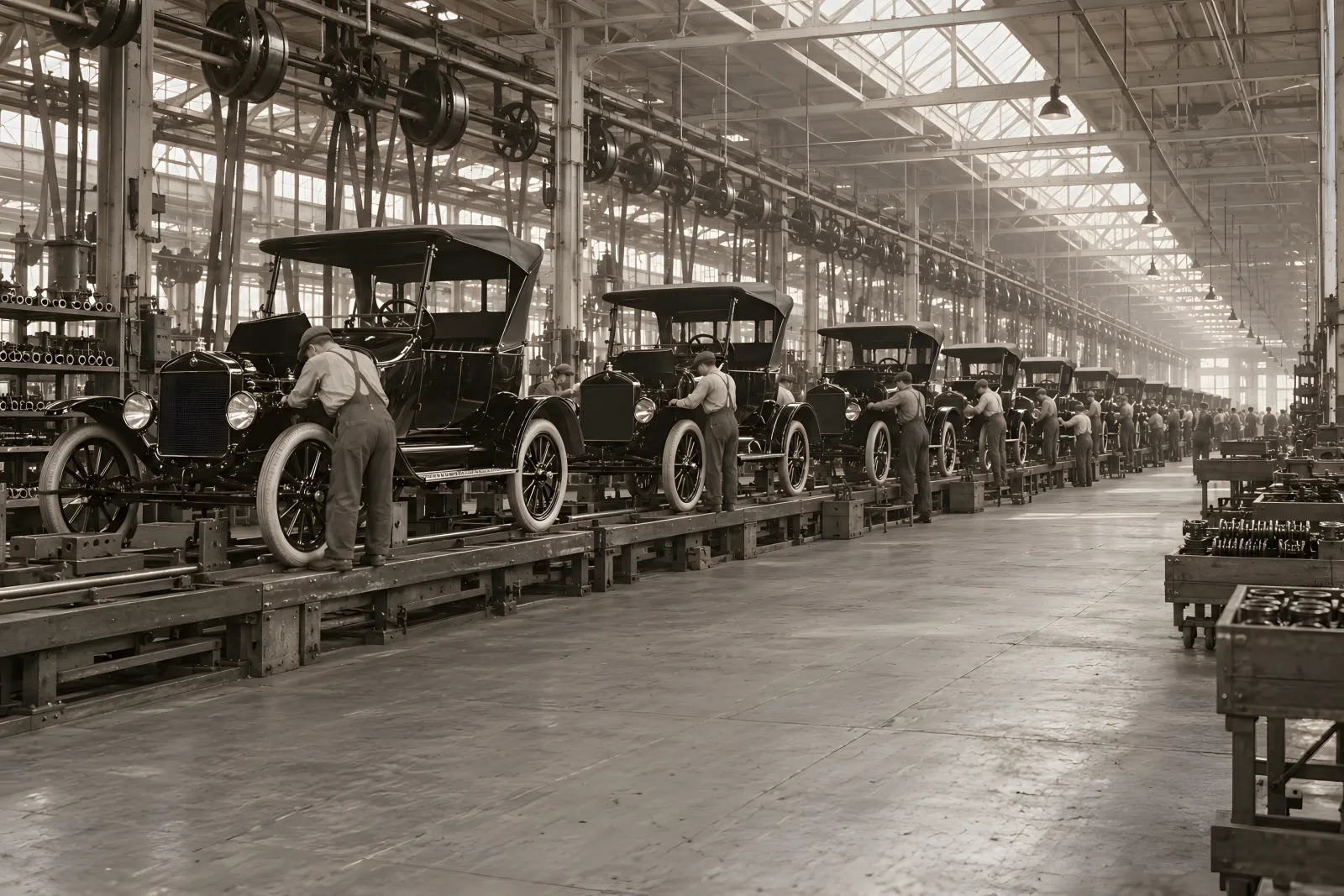 The Moving Assembly Line（1910s Ford factory photograph）