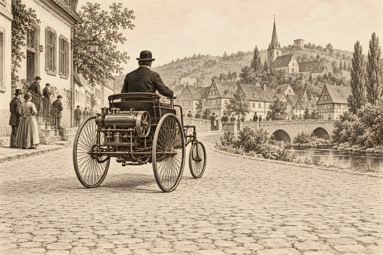 The Automobile（1880s engineering engraving）