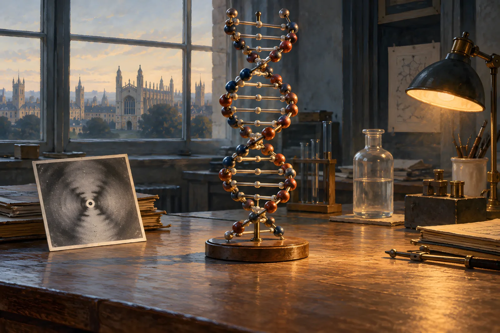 The DNA Double Helix（1950s science magazine gouache）
