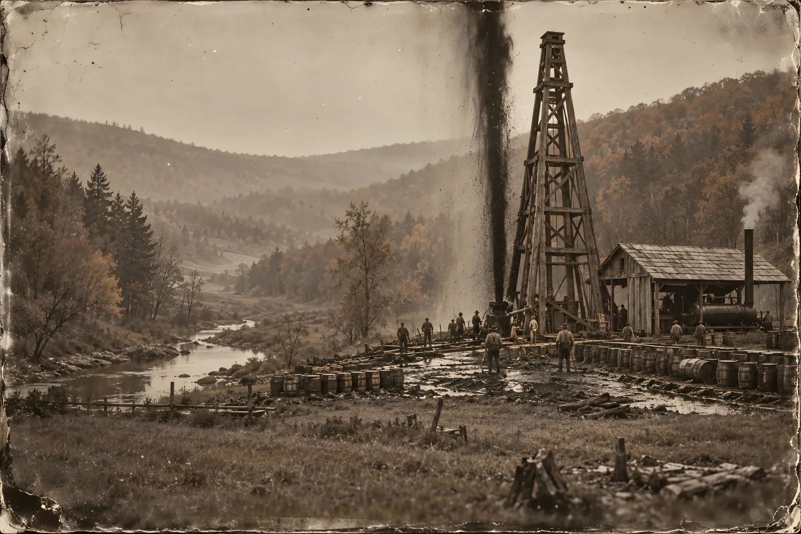The Drake Well（1860s black-and-white wet-plate photograph）