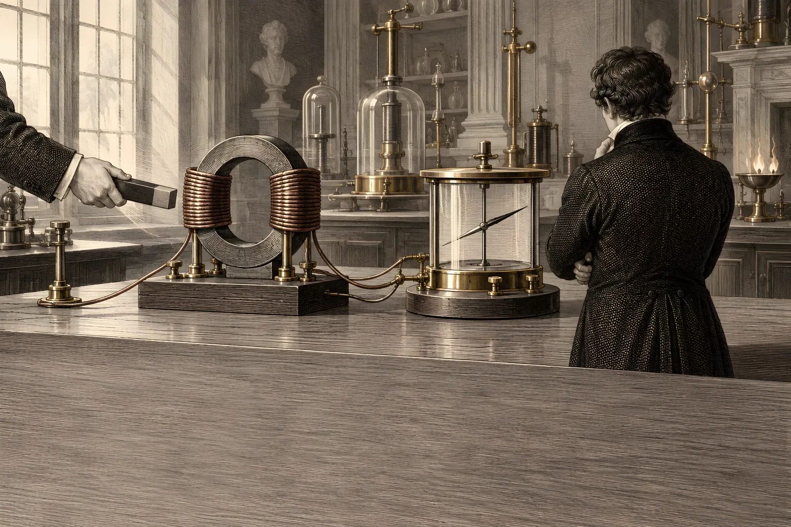 Electromagnetic Induction（Victorian laboratory copperplate engraving）
