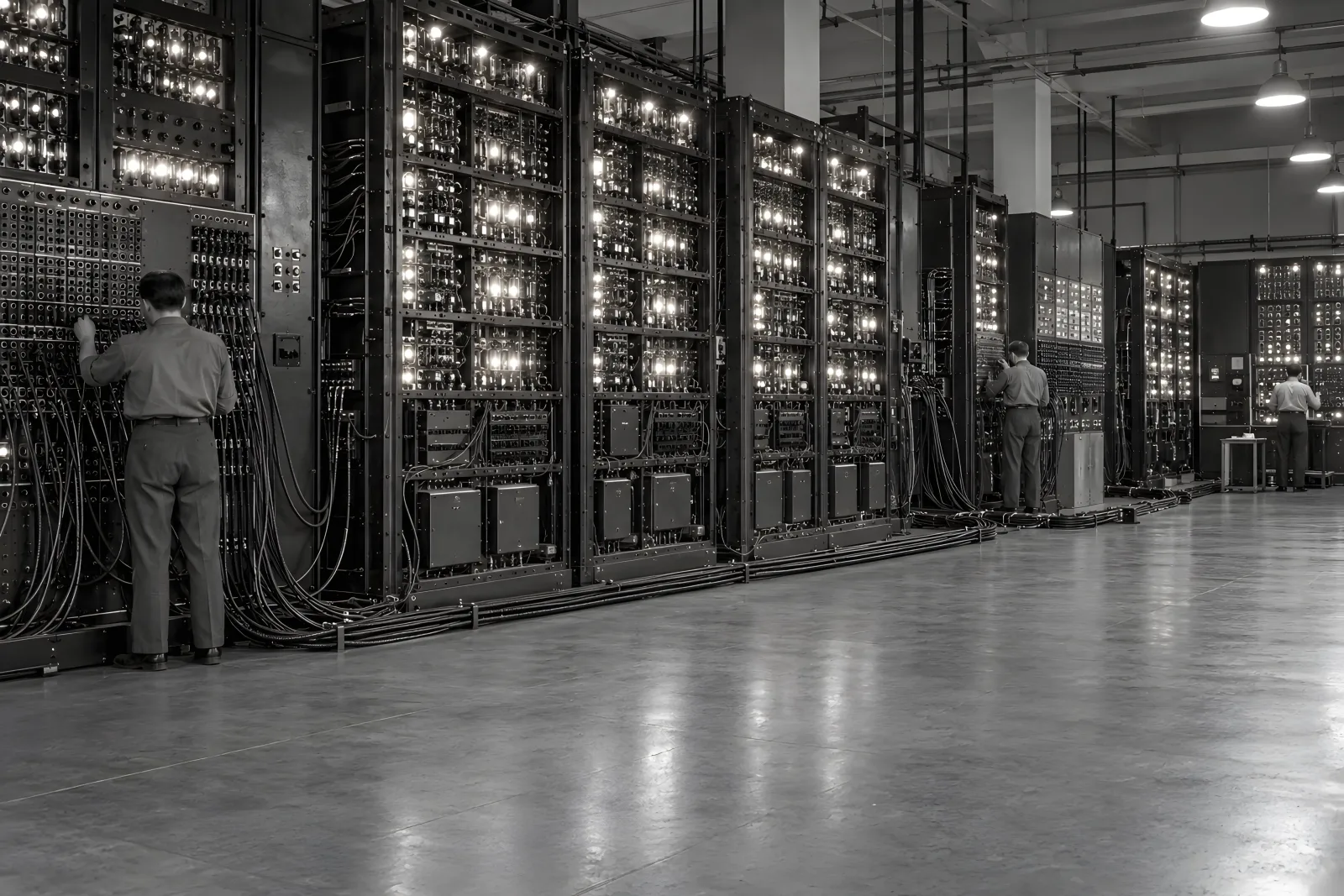 ENIAC Unveiled（1940s black-and-white news photography）