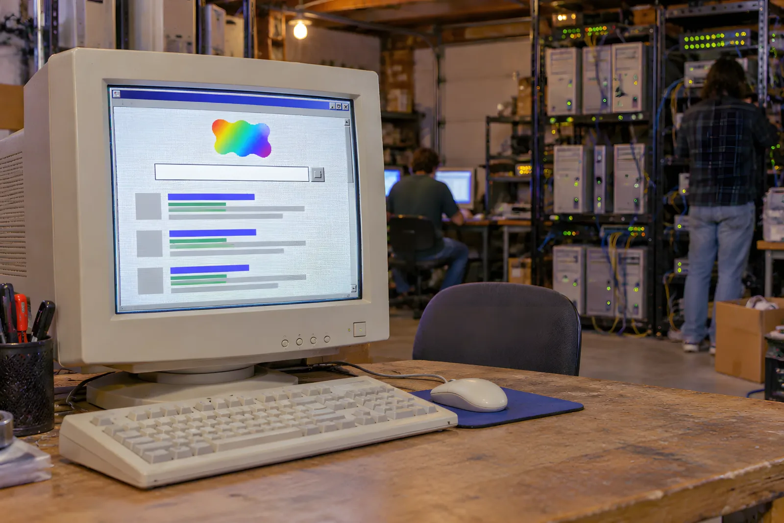 Google Founded（Late-1990s web-era pixel art）