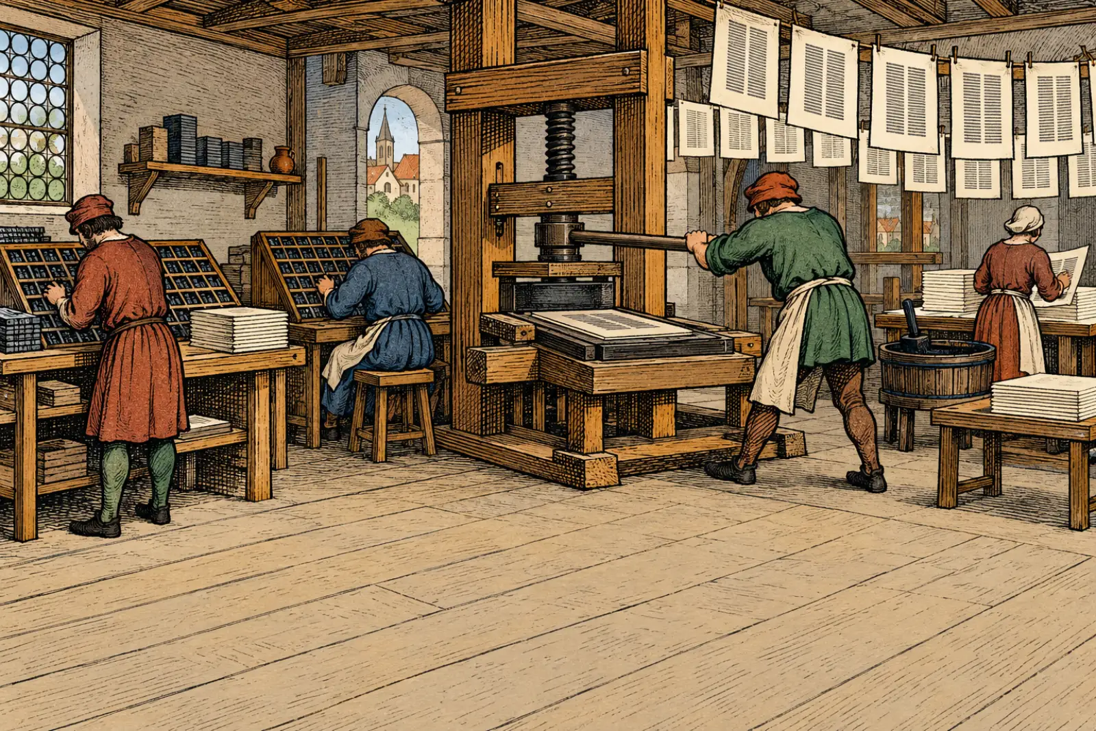 The Gutenberg Press（Renaissance woodcut）