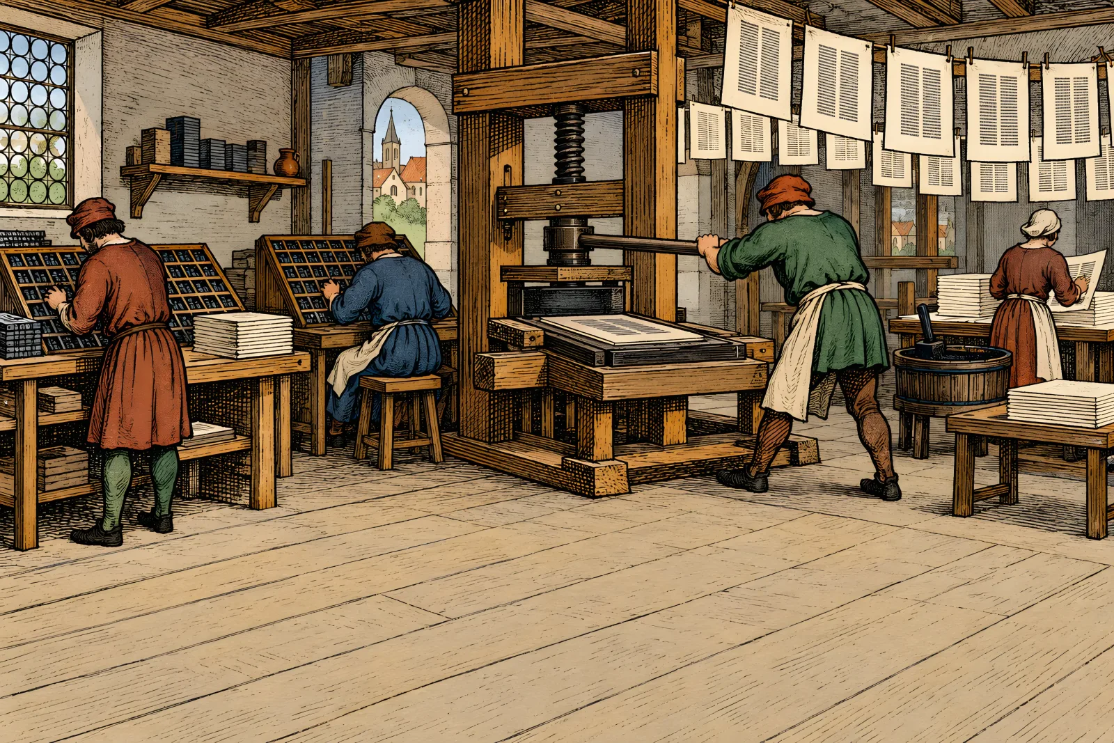 The Gutenberg Press（Renaissance woodcut）
