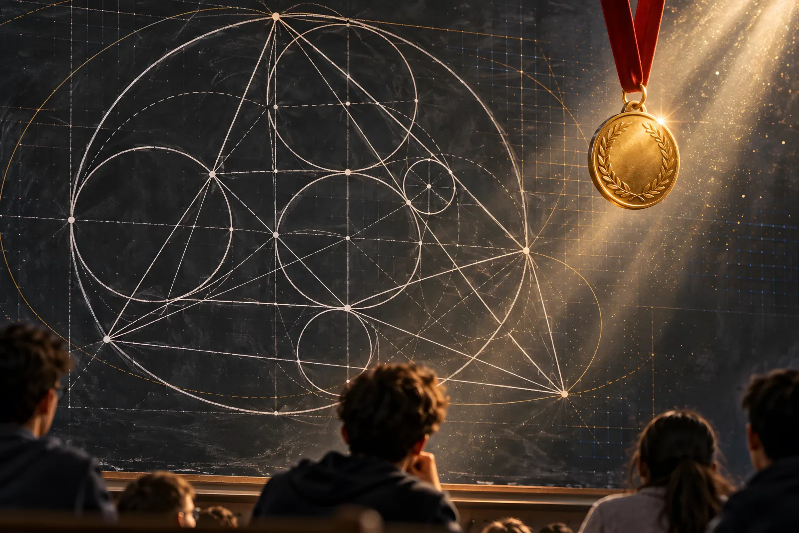 AI reaches IMO gold level(Chalkboard and stage light)