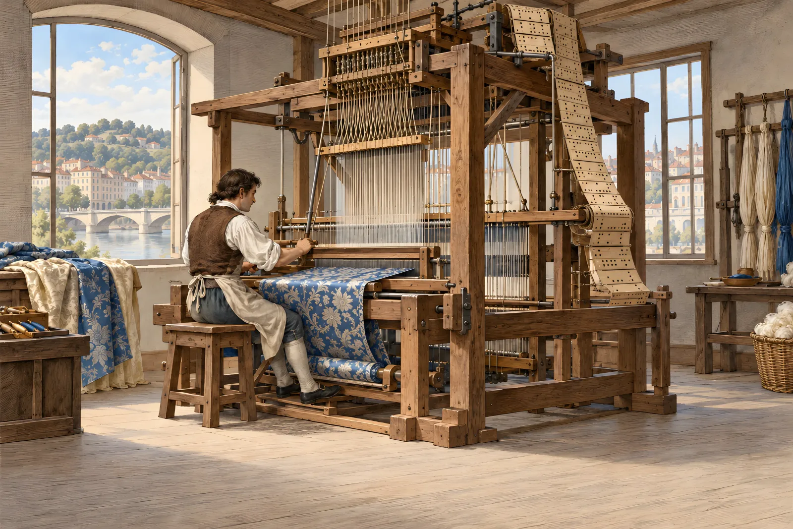 The Jacquard Mechanism Becomes Practical（Early-19th-century mechanical copperplate engraving）