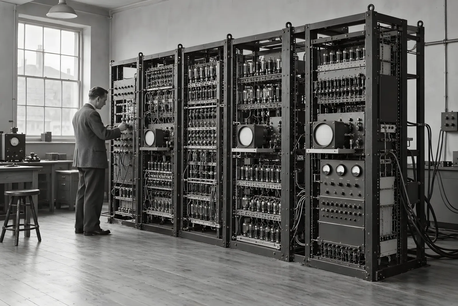 The First Electronic Stored Program Runs（1940s black-and-white laboratory photography）
