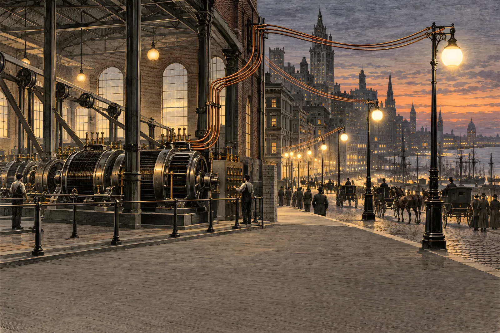 The First Commercial Power Station（1880s cityscape engraving）
