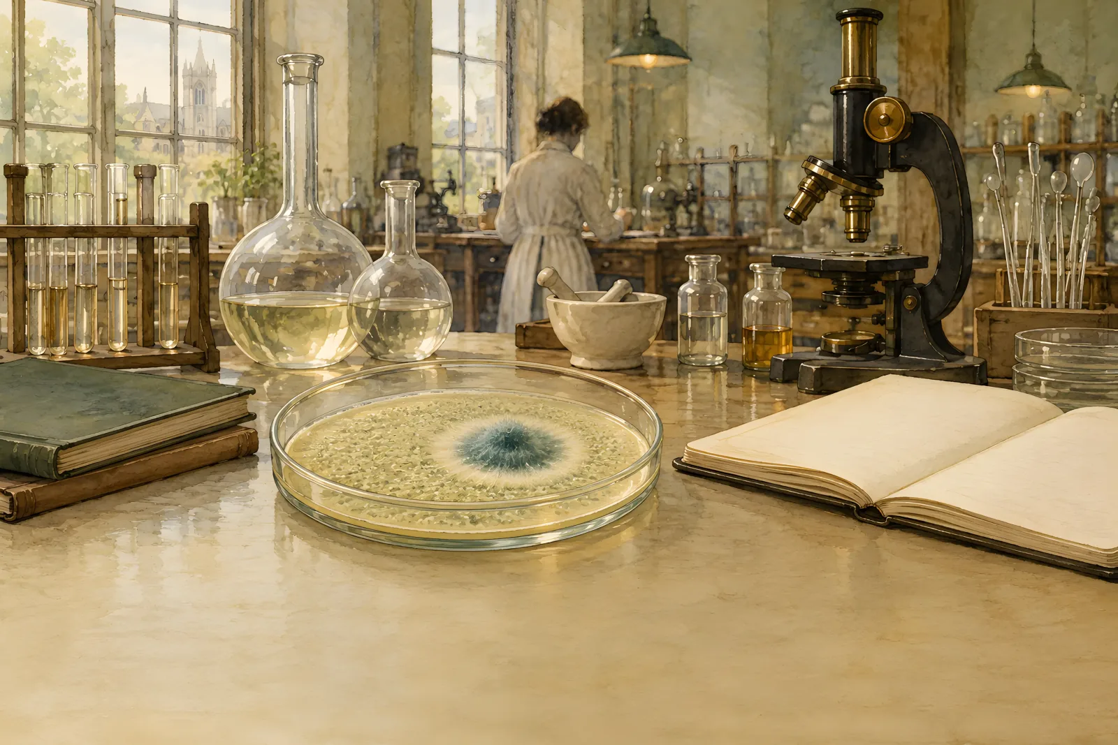 Penicillin（1920s microbiology lab illustration）