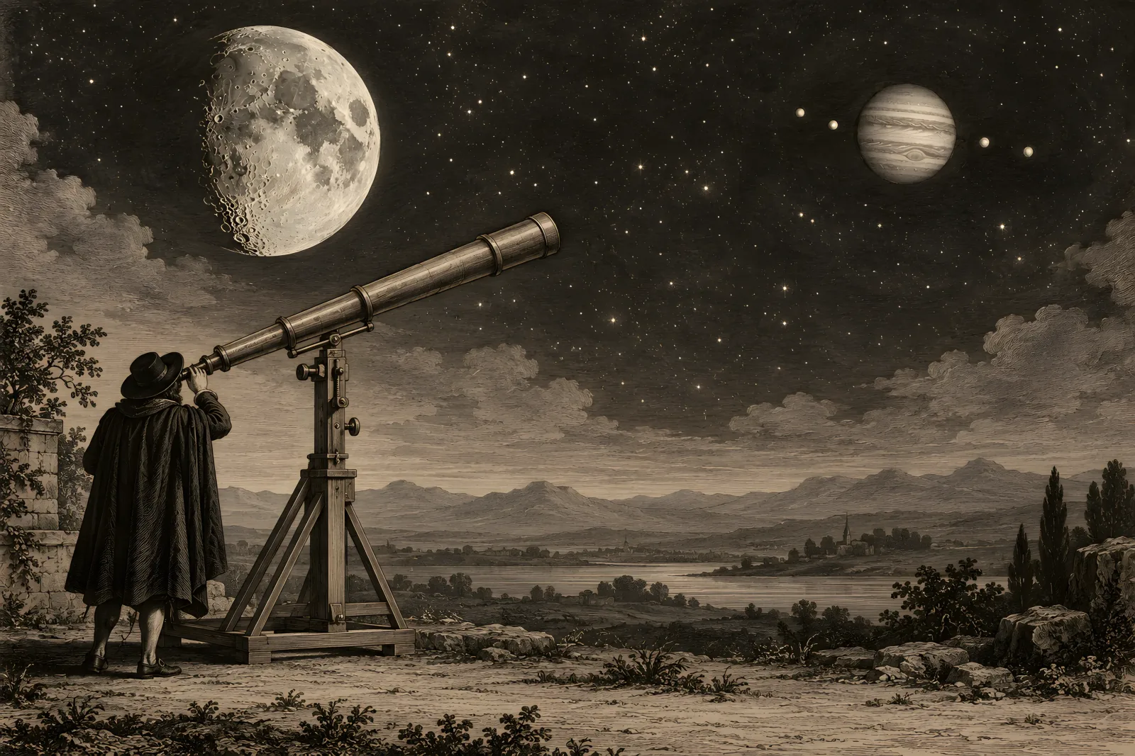 Galileo Turns a Telescope to the Sky（17th-century copperplate engraving）