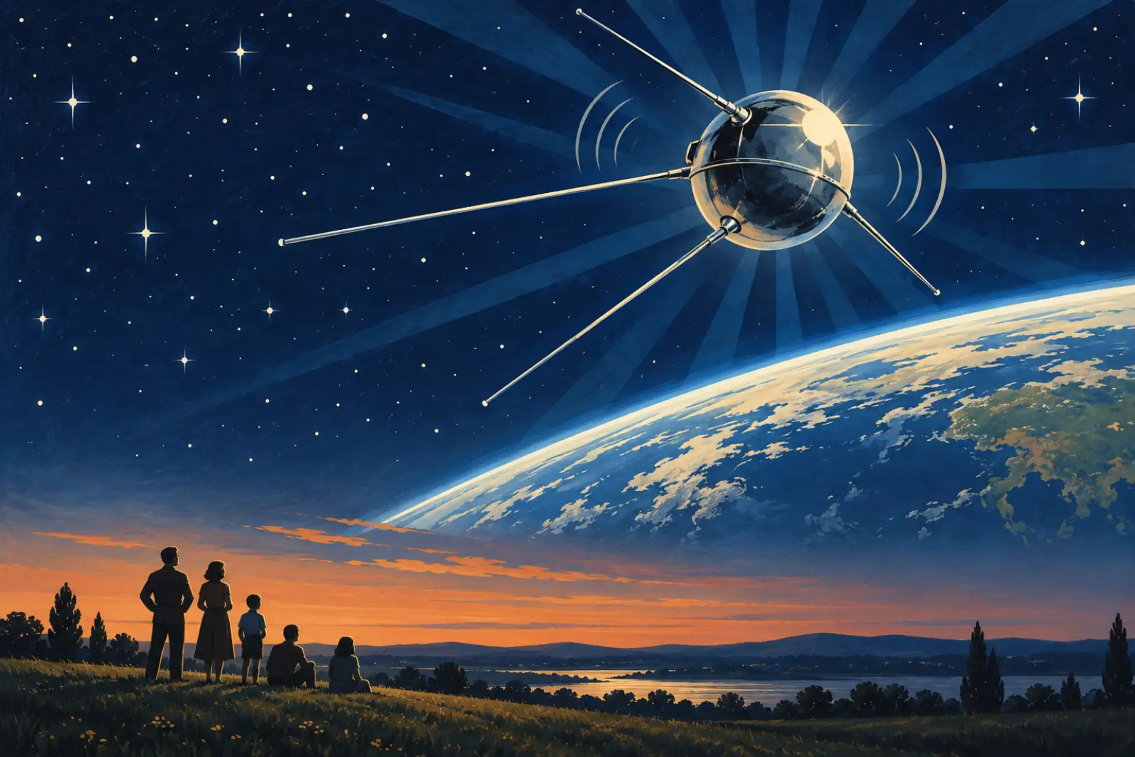 First Artificial Satellite（1950s Space Age poster）