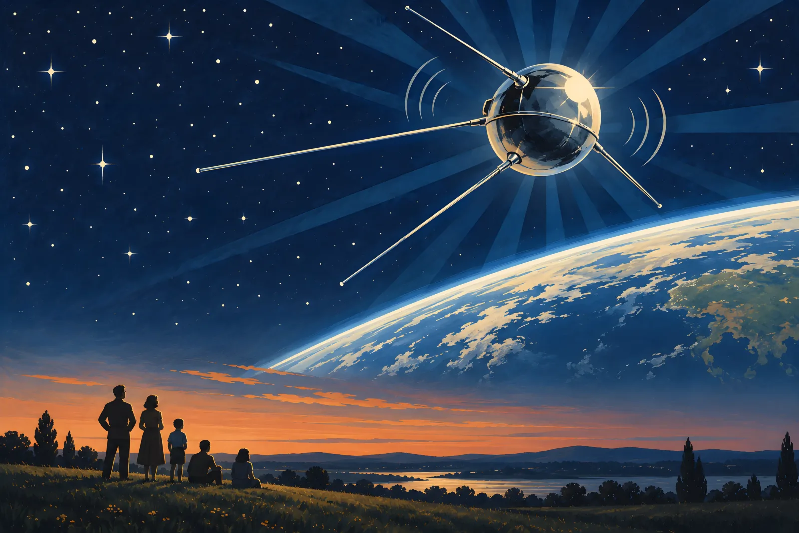 First Artificial Satellite（1950s Space Age poster）
