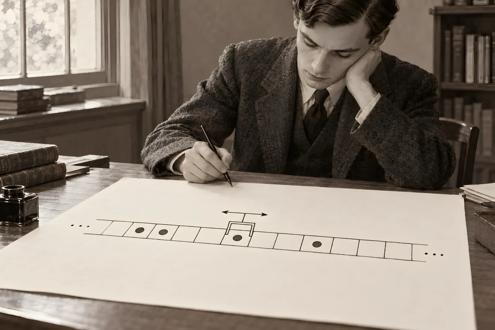 The Turing Machine（1930s academic photographic style with an ink diagram）
