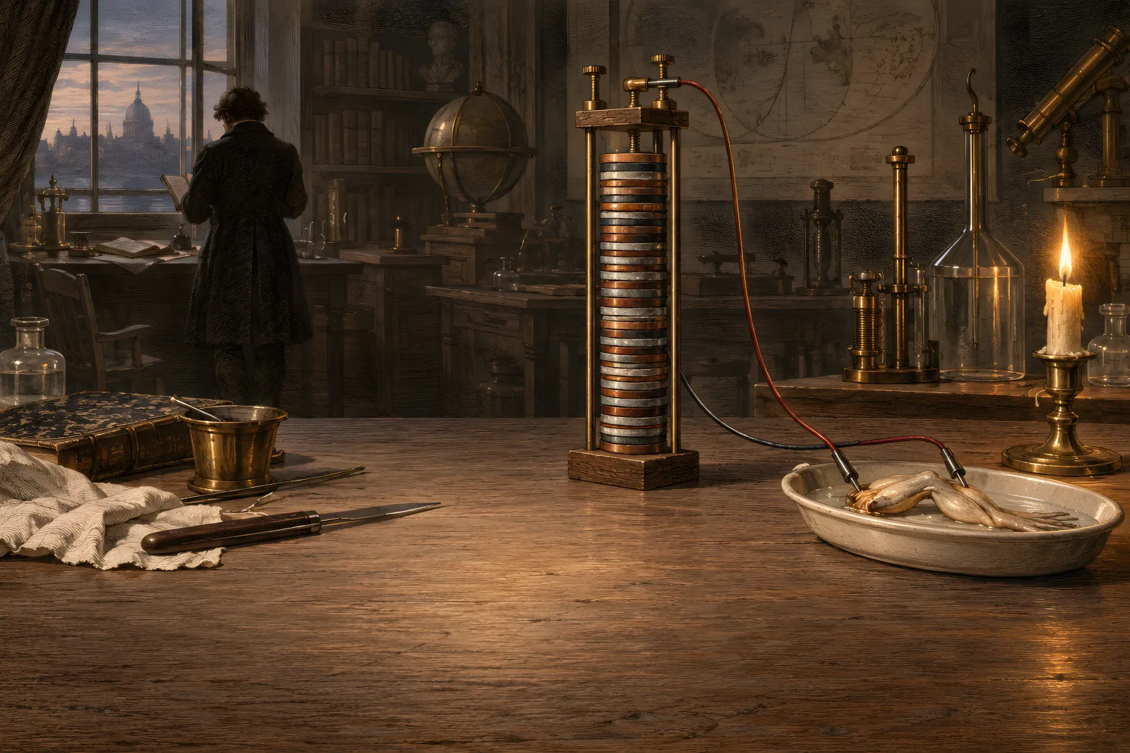 The Voltaic Pile（Napoleonic-era copperplate engraving）