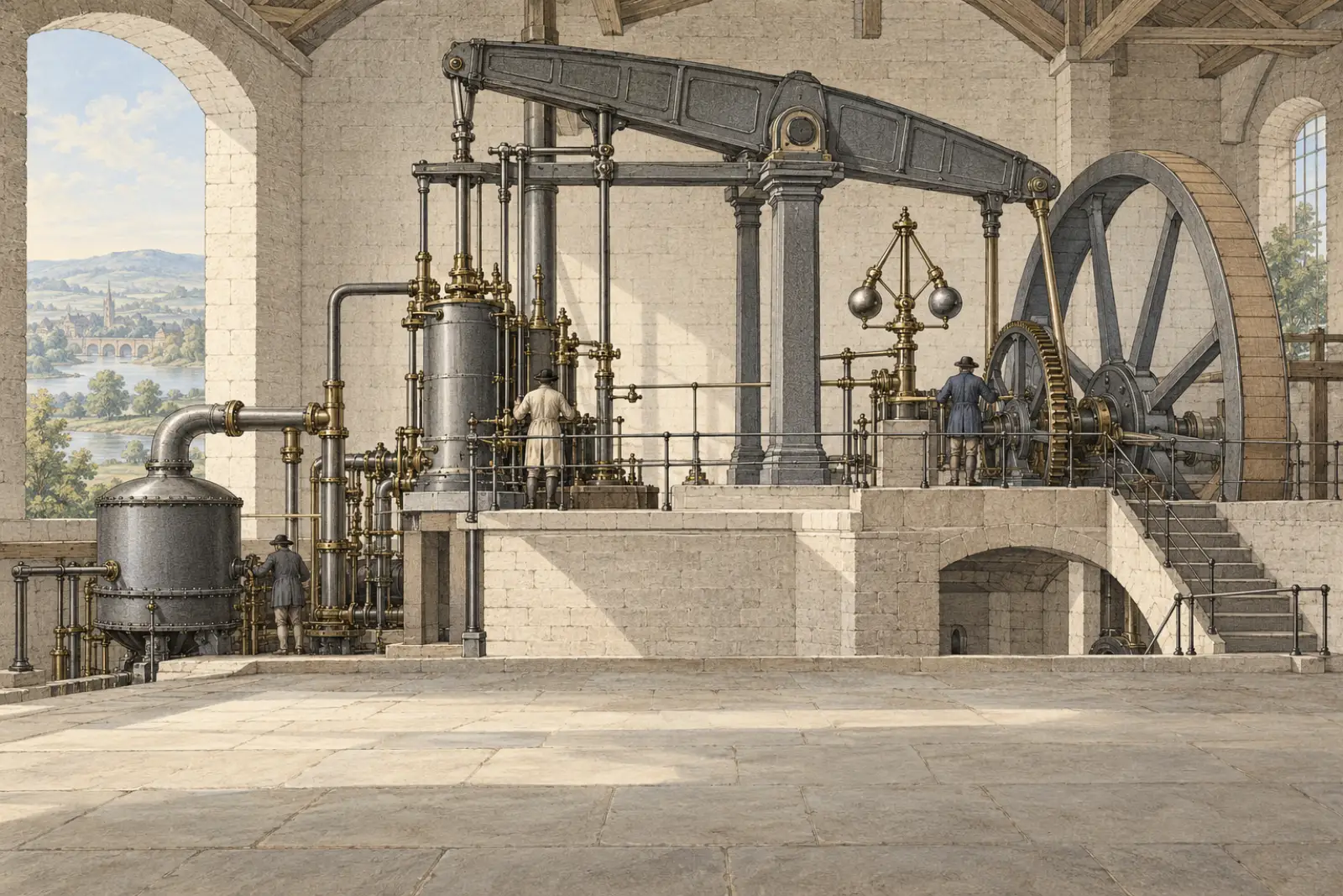 Watt's Separate Condenser（Georgian engineering engraving）
